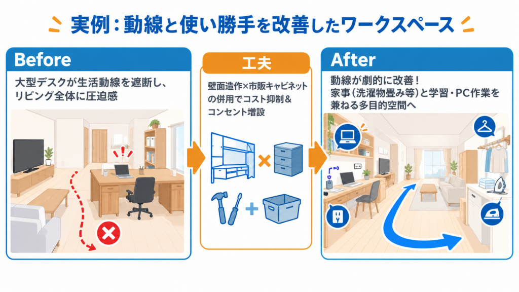 大型デスクで狭くなったリビングを壁面造作と市販収納の組み合わせで改善したビフォーアフター